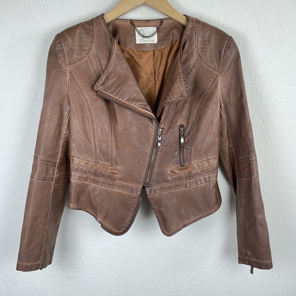 One Community L Vegan Leather Jacket Brown Moto Asymmetric Zip Fillmore Style